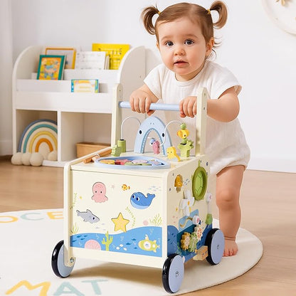 Wooden Baby Walker Push Toy for Toddlers 10M+ | Adjustable Height & Speed Control | Montessori Activity Center with Fishing Game, Music, Storage | Ocean World Theme Learning Walking Toy