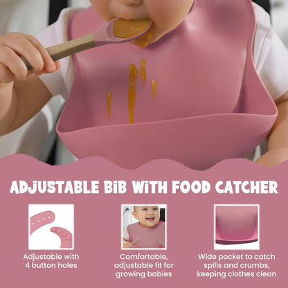 Baby Feeding Essentials, Baby Led Weaning Supplies, Silicone Baby Feeding Set, with Baby Spoon, Fork, Baby Bib, Sippy Cup, Suction Plate, Suction Bowl, Baby Eating Essentials, 6+ Months (Beige)