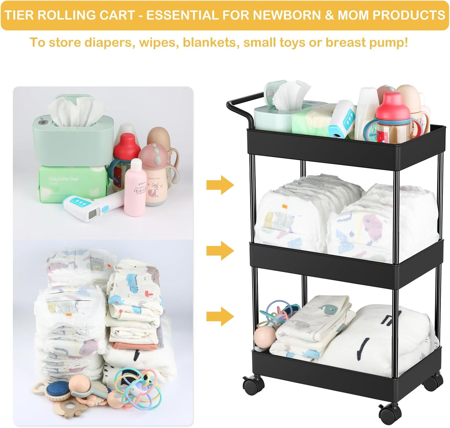 Volnamal Baby Diaper Caddy, Plastic Movable Cart for Newborn Nursery Essentials Diaper Storage Caddy Organizer for Changing Table & Crib, Easy to Assemble, Beige