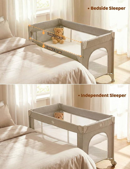 Dripex 5 in 1 Pack n Play Bedside Sleeper, 2-Level Height Baby Crib, Storage Pocket & Breathable Mesh - Foldable Portable Baby Bedside Bassinet for 0 to 12 Months (Travel/Home), Dark Grey