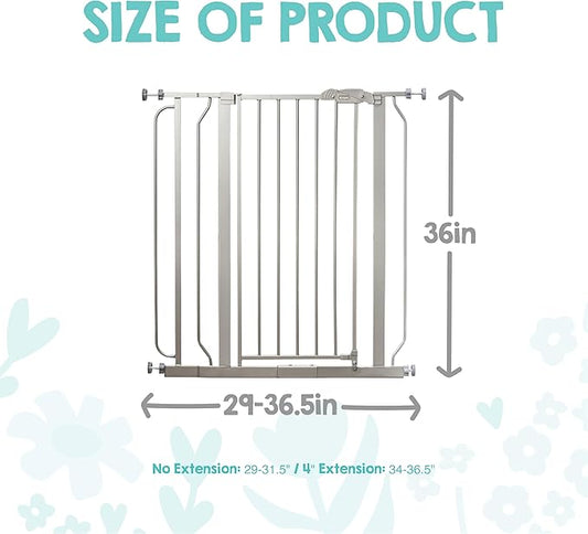 Regalo Safety 36” Extra Tall Baby Gate for Doorways & Bottom of Stairs, Pressure Mounted Baby Gate with Door for Babies, Toddlers & Pets, Tested & Safe, American Designed and Owned, Platinum