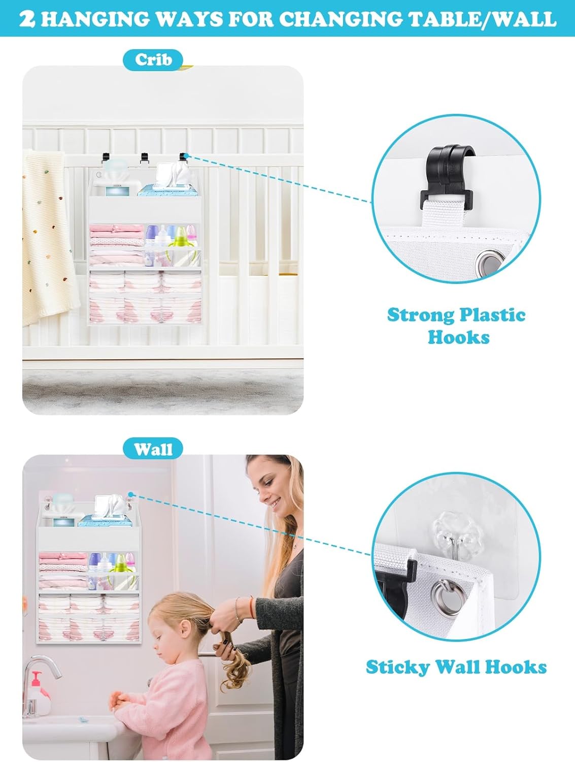 Hanging Diaper Caddy Organizer Crib Organizer–Spacious Baby Girl/Boy Nursery Storage Organizer for Changing Table, Playpen/Wall- Hold 90+ Diaper (Grey)