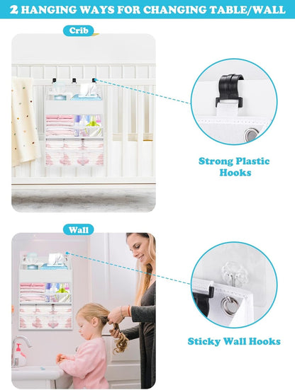 Hanging Diaper Caddy Organizer Crib Organizer–Spacious Baby Girl/Boy Nursery Storage Organizer for Changing Table, Playpen/Wall- Hold 90+ Diaper (Grey)