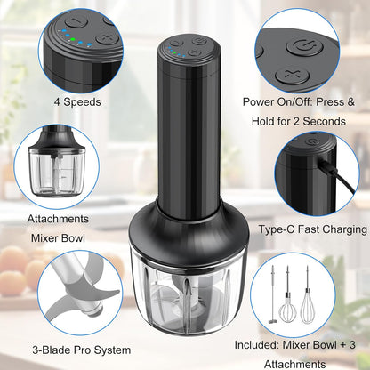 Hand Mixer with Whisk and Forther Wand,Electric Whisk, Milk Frother, Hand Held Mixers,Cordless Hand Mixer, Whisks for Cooking, Mini Mixer,Stirrers Electric,Food Chopper, Baby Food Maker,4-Speed, 10Oz