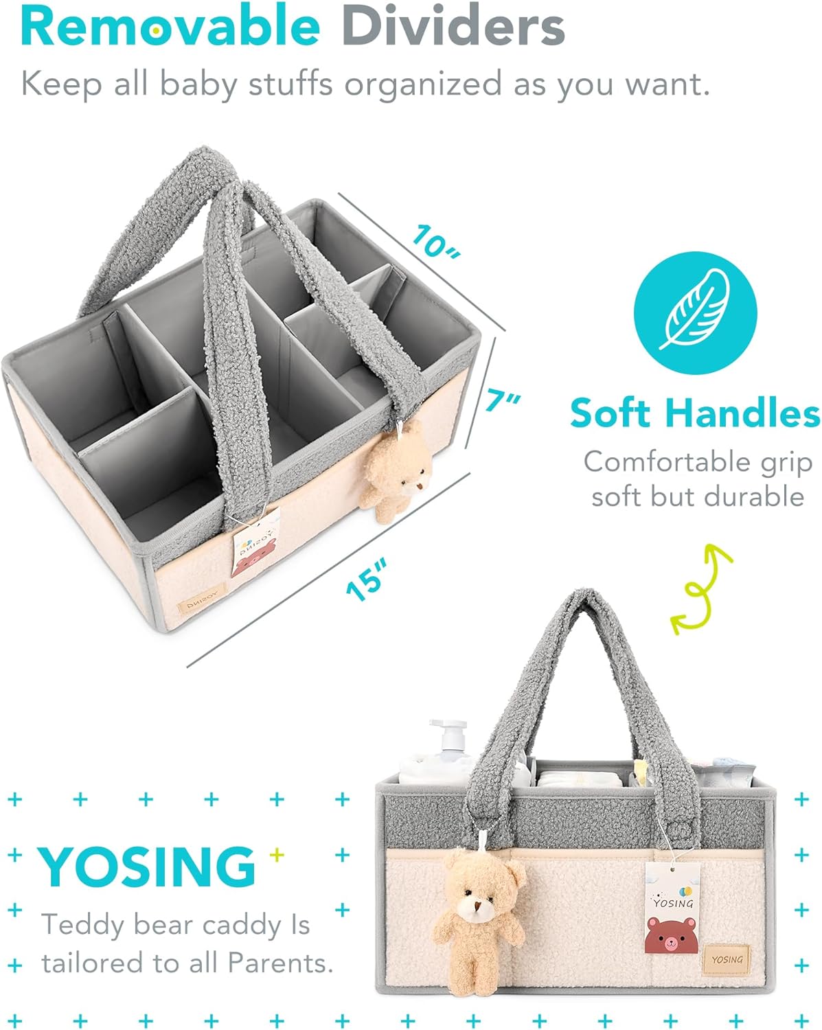YOSING Cute and Playful Pink Diaper Caddy Organizer, 13 Compartments, Adjustable, Baby Diaper Caddy for Car, Changing Table, Nursery Storage, Car Organizer for Diapers and Baby Wipes