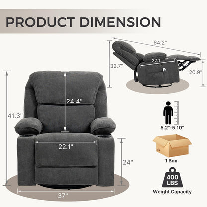Recliner Chair Power Control, Nursery Reclining & Rocking Chair and Glider, Massage Swivel Living Room Furniture for Small Spaces, Bedroom, RVS, Lounge Sofa Chairs with USB & Type C Ports, Light Gray