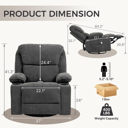 Recliner Chair Power Control, Nursery Reclining & Rocking Chair and Glider, Massage Swivel Living Room Furniture for Small Spaces, Bedroom, RVS, Lounge Sofa Chairs with USB & Type C Ports, Light Gray