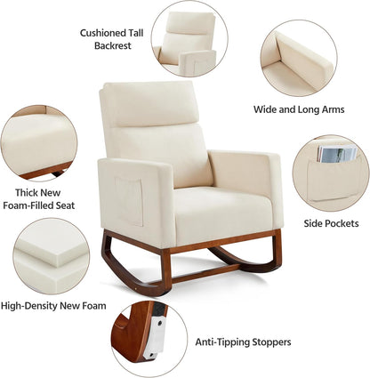 Yaheetech Upholstered Rocking Chair, Boucle Glider Chair Nursery Chair with High Back and Side Pocket, Rocking Accent Armchair with Rubber Wood Legs for Living Room/Bedroom/Nursery, Ivory