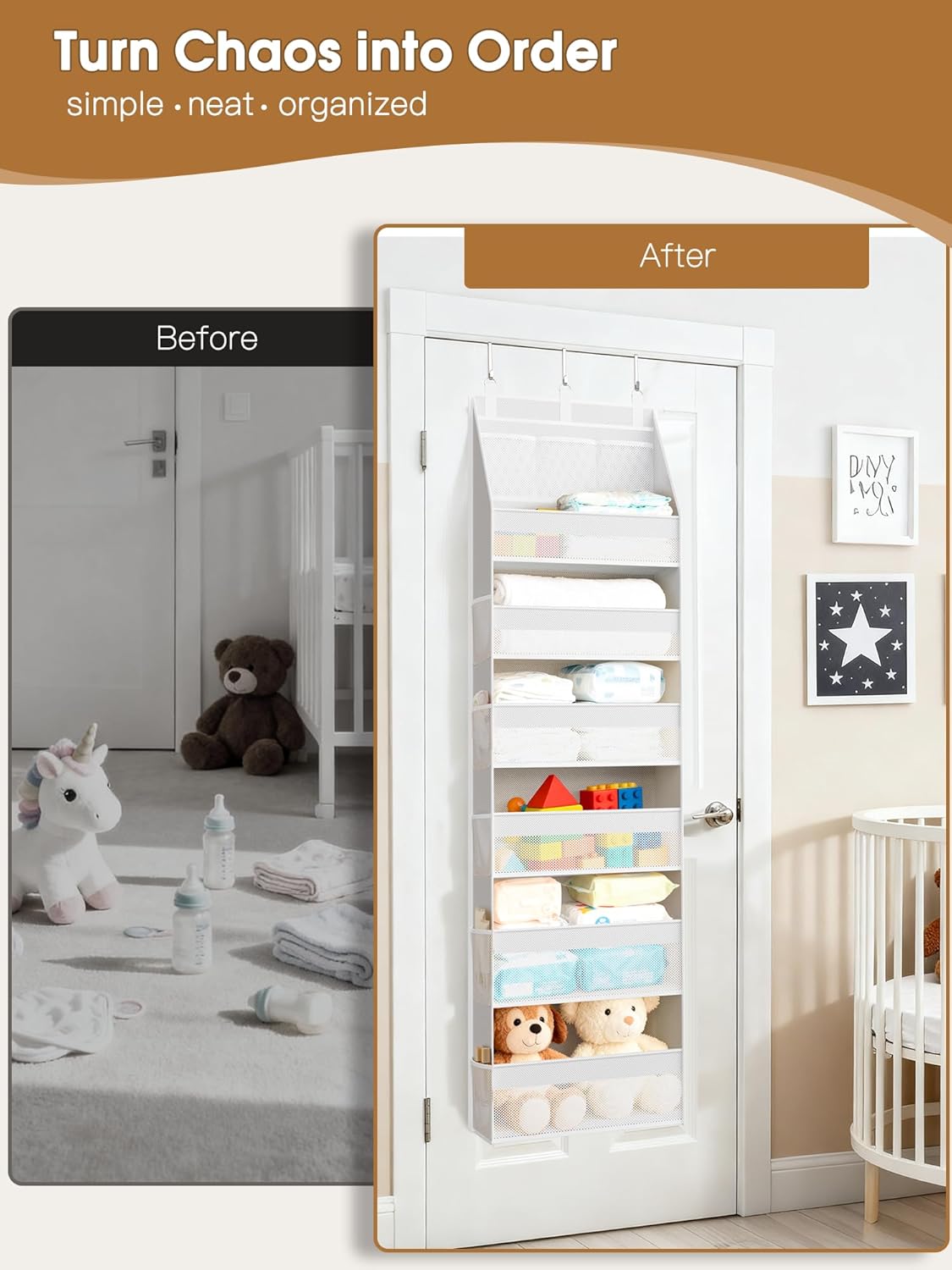 Criusia Over the Door Organizer, 6-Shelf Closet Hanging Storage with 13 Mesh Pockets, 55lbs Capacity Behind the Door Storage for Baby Nursery, Bathroom, Bedroom, and Dorm, Beige