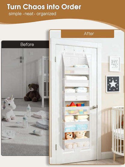 Criusia Over the Door Organizer, 6-Shelf Closet Hanging Storage with 13 Mesh Pockets, 55lbs Capacity Behind the Door Storage for Baby Nursery, Bathroom, Bedroom, and Dorm, Beige