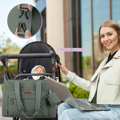 Tuwubi Diaper Bag Tote,Baby Diaper Bag with Pacifier Case Large Travel Diaper Tote Caddy for Mom and Dad Multifunction Baby Bag - M-Olive Green