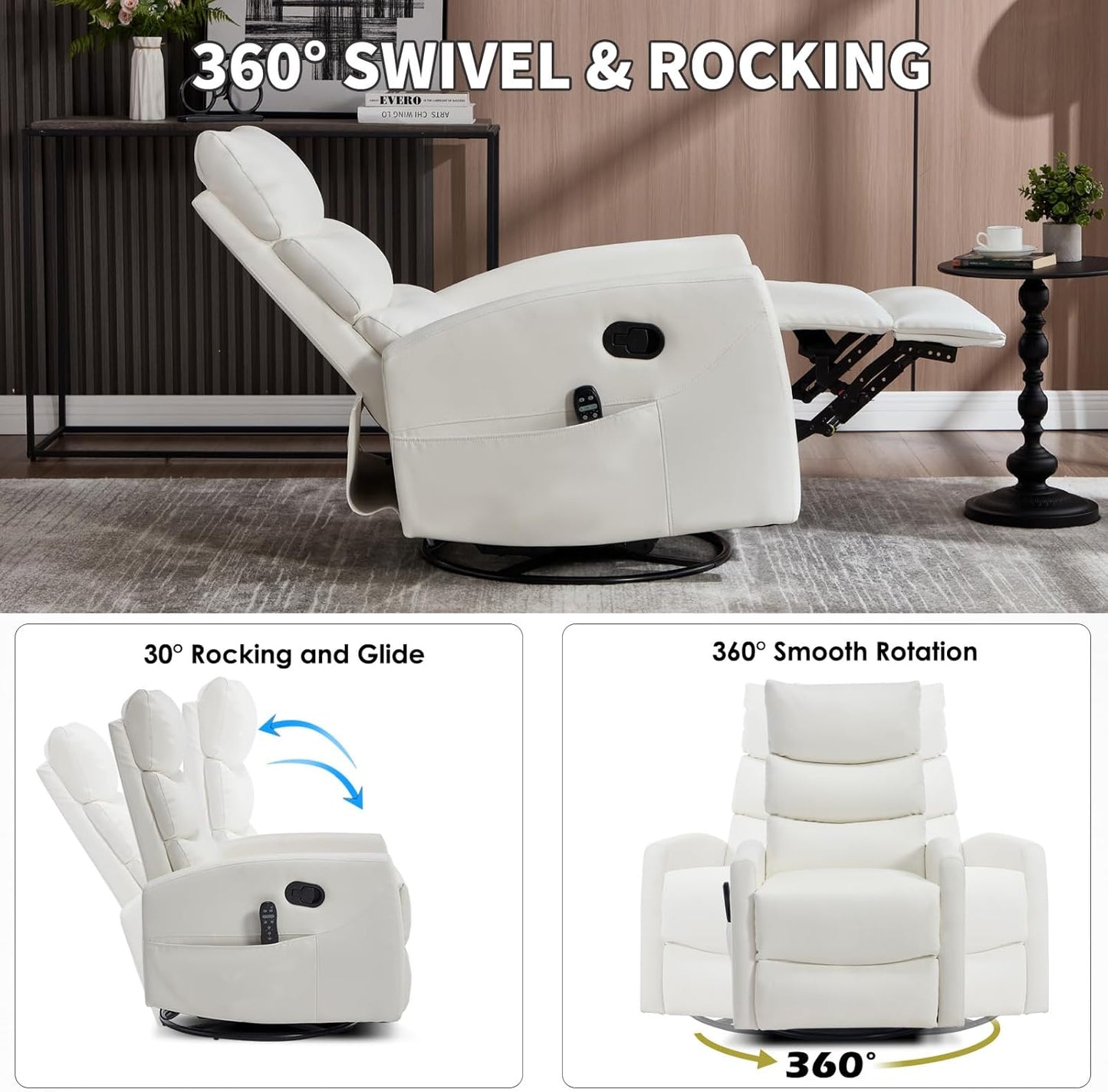 Trustyue Swivel Rocker Recliner Chair, 360° Swivel Recliner with Heat and Massage, Rocker Recliner Nursery Glider Chair with Side Pockets for Living Room (Beige, Fabric)