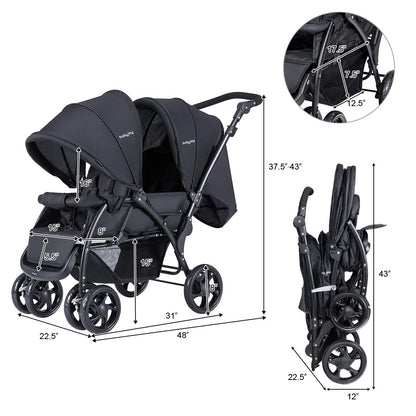 BABY JOY Double Stroller, Foldable Lightweight Twin Stroller with Tandem Seating, Adjustable Backrest/Canopy/Footrest, 5-Point Harness, Storage Basket, Newborn and Toddler (Black)