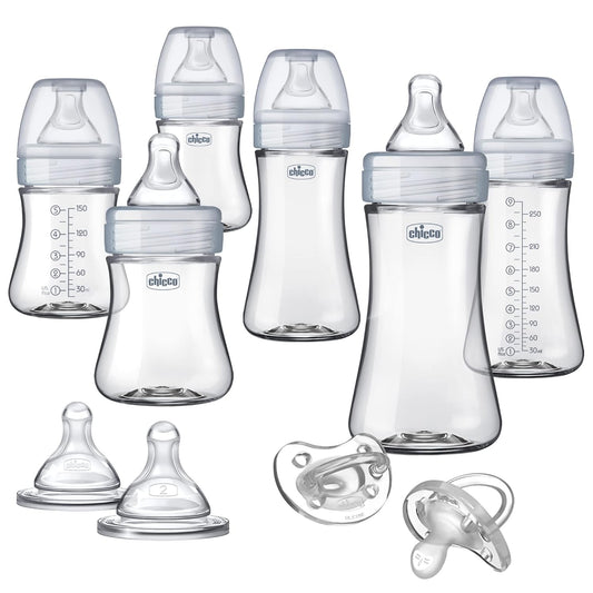 Chicco Duo 9oz Hybrid Baby Bottle, Real Glass Inside, Lightweight Plastic Outside, Patented Invinci-Glass Technology, Intui-Latch Nipple, 2-Pack, Clear/Pink