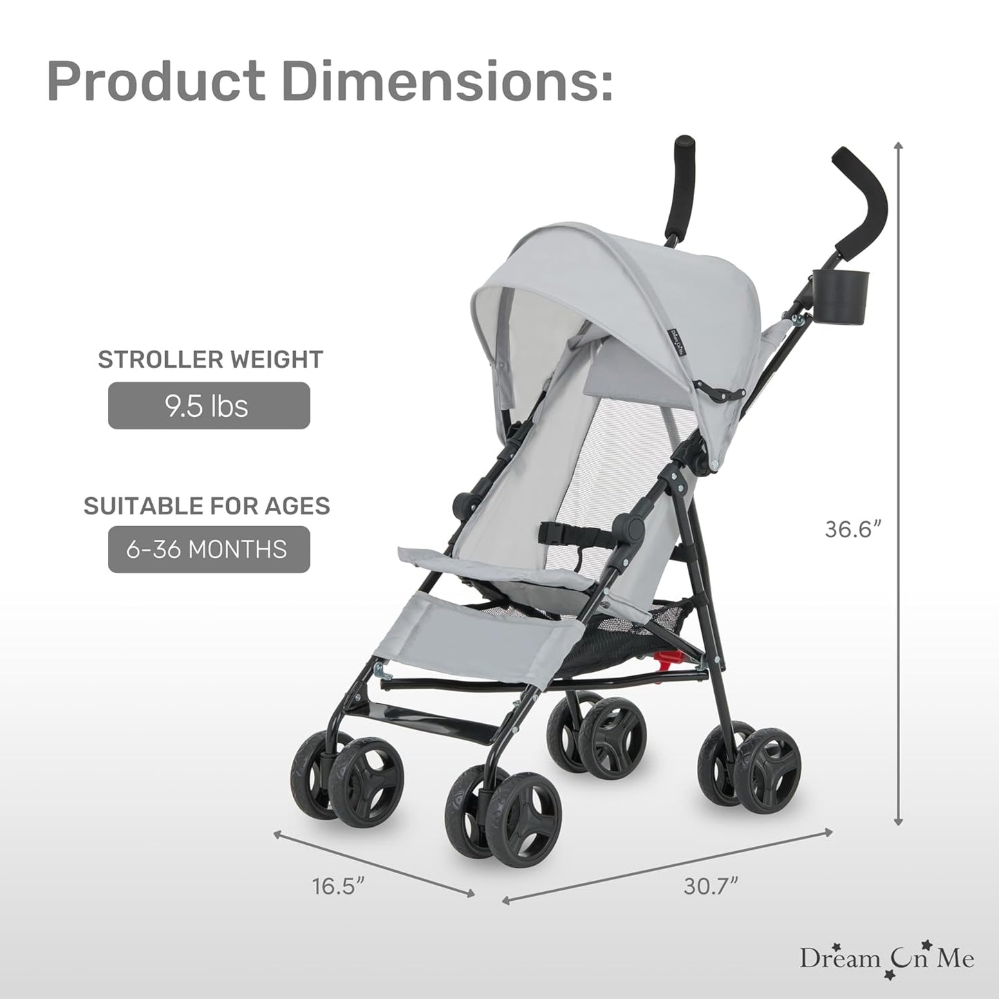 Dream On Me Rover Convenience Baby Stroller – Lightweight & Compact Travel Umbrella Stroller, Quick One-Hand Fold, Lockable Rear Wheels, Adjustable Canopy, 3-Point Safety Harness & Cup Holder – Grey