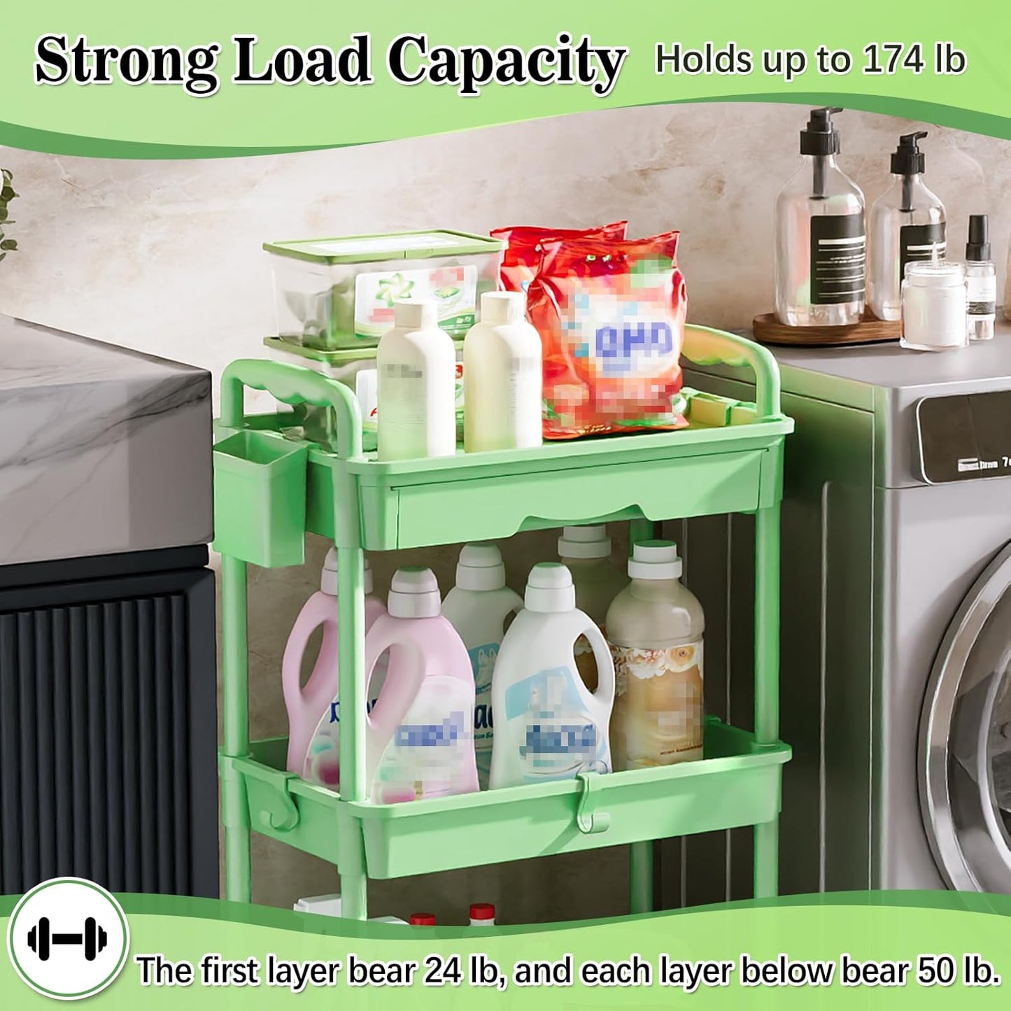 SUNALLY 3 Tier Rolling Cart with Drawer, Bathroom Storage Organizer with 2 Lockable Wheels, Multifunctional Rolling Storage Cart for Bathroom, Kitchen, Office, Craft, Makeup, Baby Essentials, White