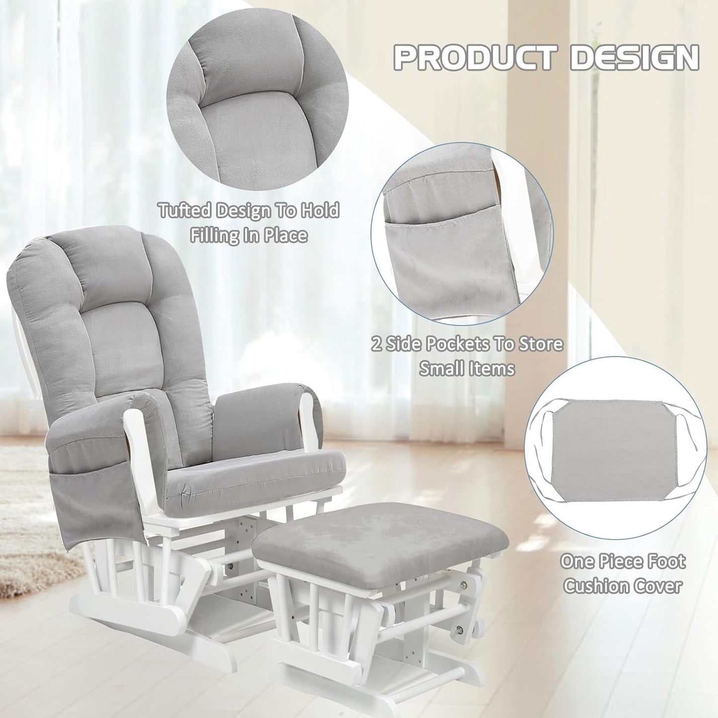 BECHAEO 5PCS Suede Glider Rocker Replacement Cushions with Ottoman Cover Thicken Soft Rocking Chair Cushion Set for Indoor Nursery Glider Rocking Chair, Blue