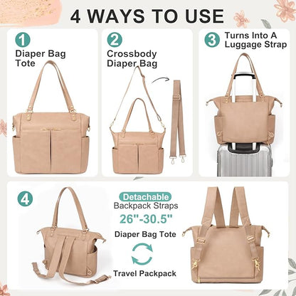 MOMINSIDE Diaper Bag Tote, Leather Diaper Bag Backpack with 14 Pockets, Convertible Baby Bag for Boys Girls, Baby Registry, Changing Pad, Large 4 Insulated Pockets (Camel)