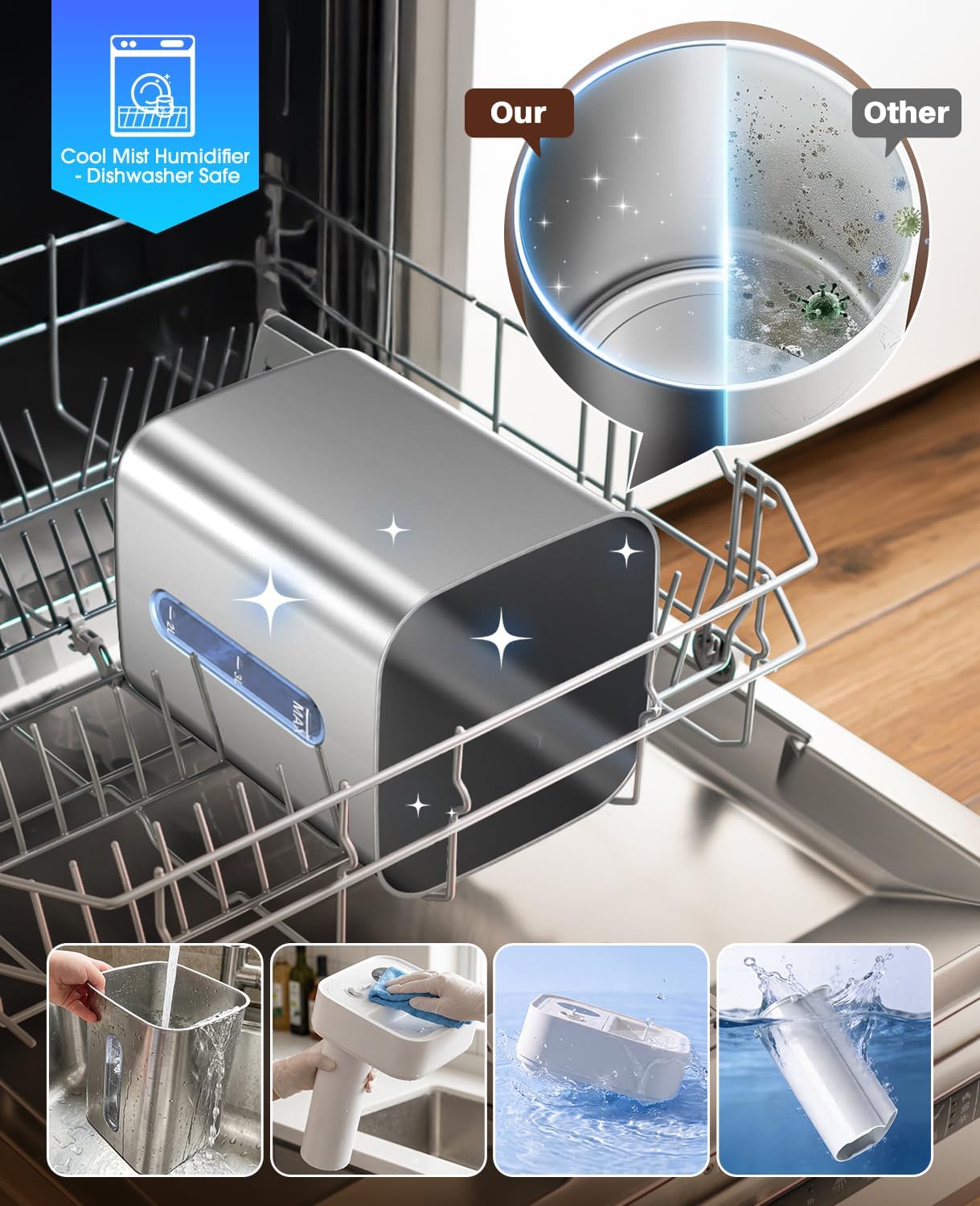 4.6L/1.2Gal Stainless Steel Humidifier for Bedroom, Top Fill Ultrasonic Cool Mist Humidifier Dishwasher Safe, Ultra-Low Noise, Sleep Mode, Humidifiers for Baby Nursery, Office & Indoor Plants