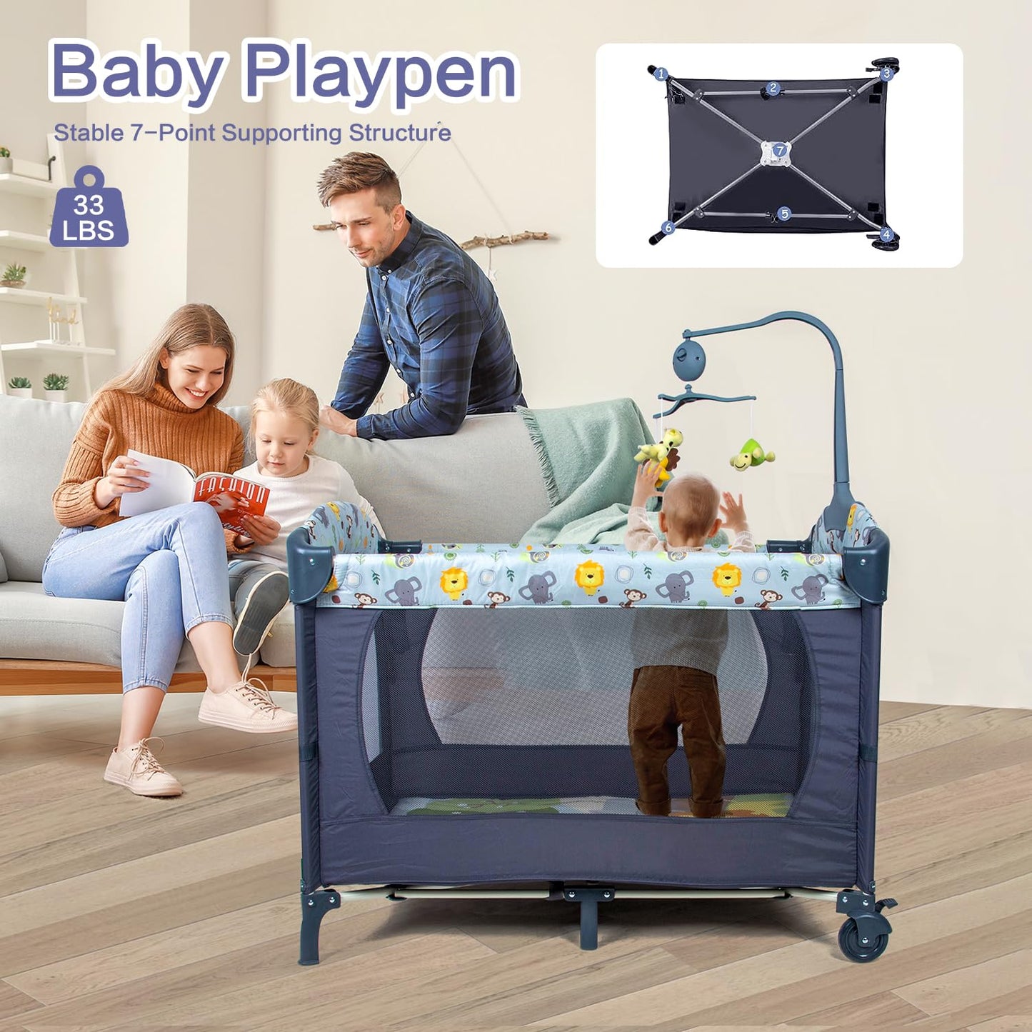 SIMPLGIRL 5-in-1 Baby Bassinet Bedside Crib, Pack and Play Long Next to Parents Bed Crib, Foldable Playard, Playpen Travel Bed Nursery Center for Girl Boy Infant Newborn