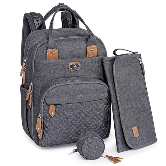 Dikaslon Diaper Bag Backpack with Portable Changing Pad, Pacifier Case and Stroller Straps, Large Unisex Baby Bags for Boys Girls, Multipurpose Travel Back Pack for Moms Dads, Dark Gray