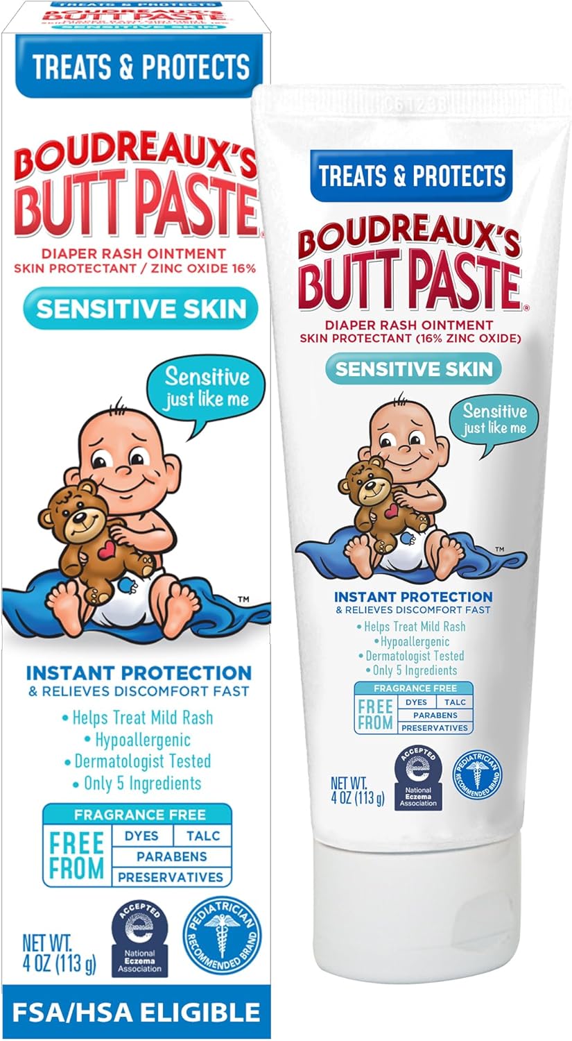 Boudreaux’s Butt Paste Zinc Oxide Diaper Rash Cream, Hypoallergenic for Sensitive Skin, 4 Oz Tube