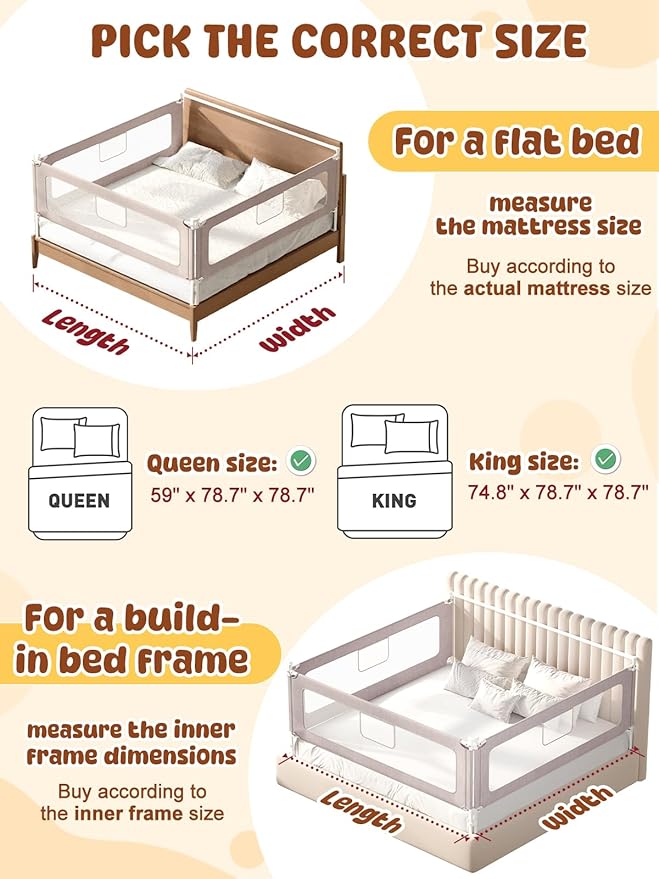 VBABY 3-Piece King Size Bed Rails for Toddler, Adjustable Height Baby Bed Rail Guard, Reinforced Bed Protection Fence for Baby, Grey, 74.8 x 78.7 x 78.7 in
