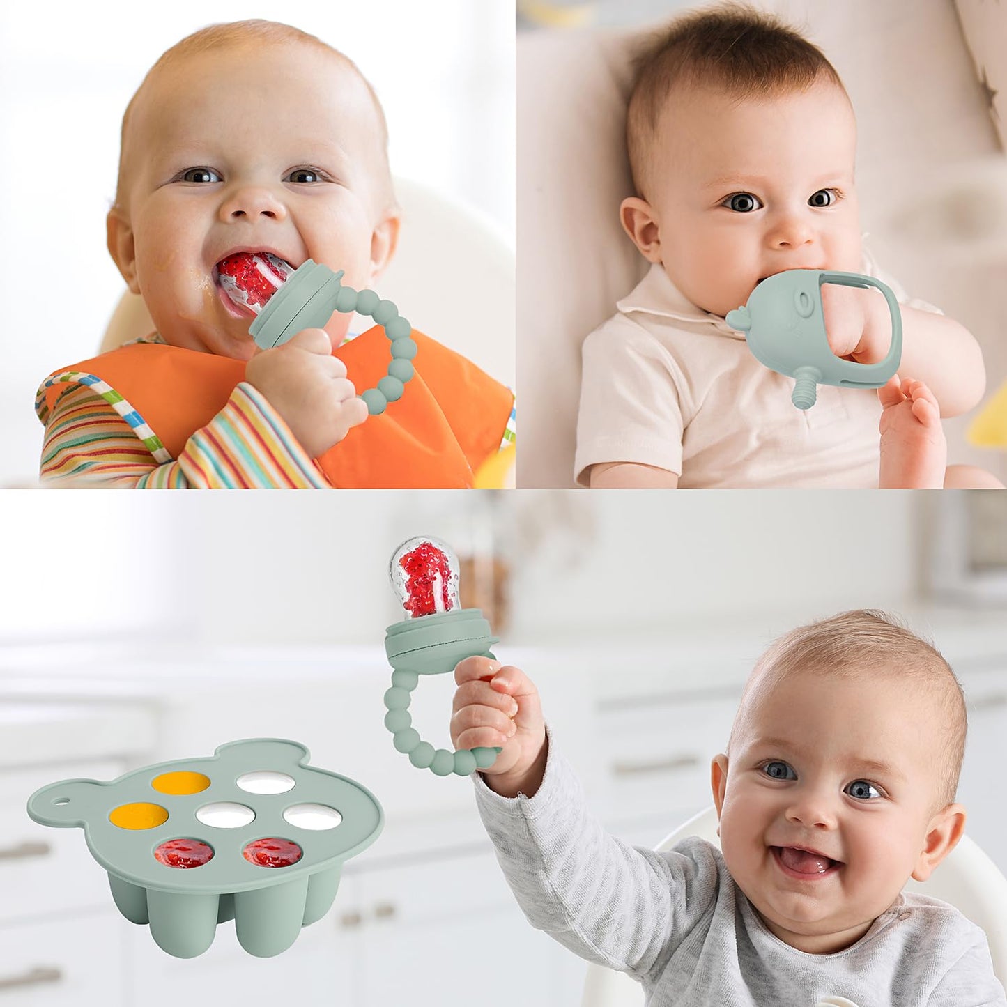 3-in-1 Baby Food & Fruit Feeder Set – Breastmilk Popsicle Mold with Freezer Tray, Teething Relief Toy, BPA Free Infant Silicone Feeding Combo, 3 Bonus Sizes (S/M/L) Sacs (Olive Green)