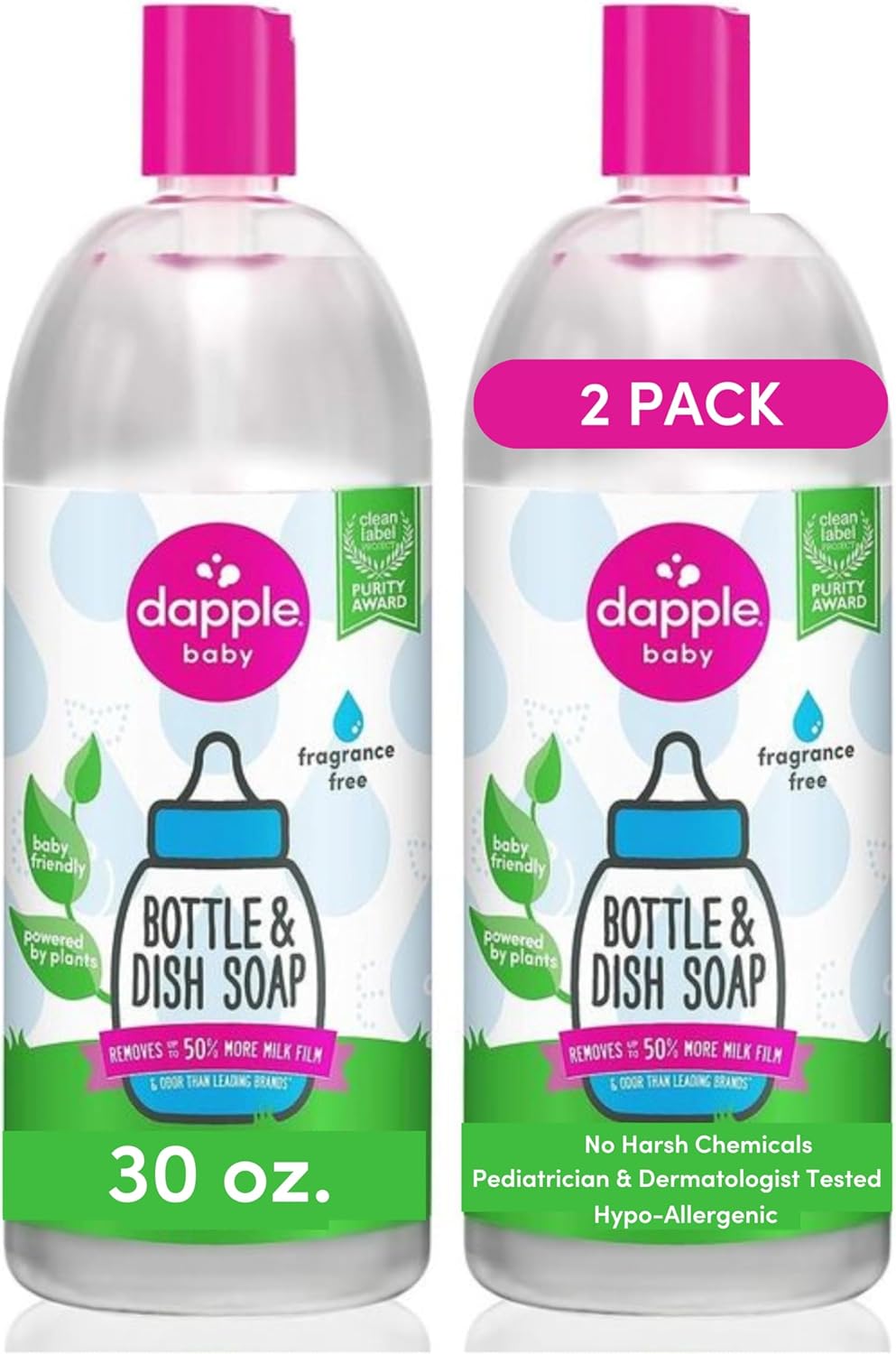 Dapple Baby Fragrance Free Bottle & Dish Soap - (3 Pack) 16.9 fl oz - Cleans Baby Bottles, Sippy Cups, Pacifiers, Breast Pumps, & More - Gently Removes Milk Film & Odors - Includes 1 Pump