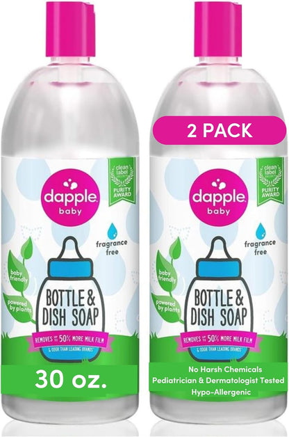 Dapple Baby Fragrance Free Bottle & Dish Soap - (3 Pack) 16.9 fl oz - Cleans Baby Bottles, Sippy Cups, Pacifiers, Breast Pumps, & More - Gently Removes Milk Film & Odors - Includes 1 Pump