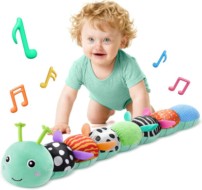 HEMRLY Baby Sensory Toy 0-6 Months, Musical Stuffed Caterpillar Plush with Teether, Crinkle, Rattle, Baby Mirror for Tummy Time, Infant Car Seat Toy for 0-3-6-12 Month Boys Girls Gifts - Knotted Green