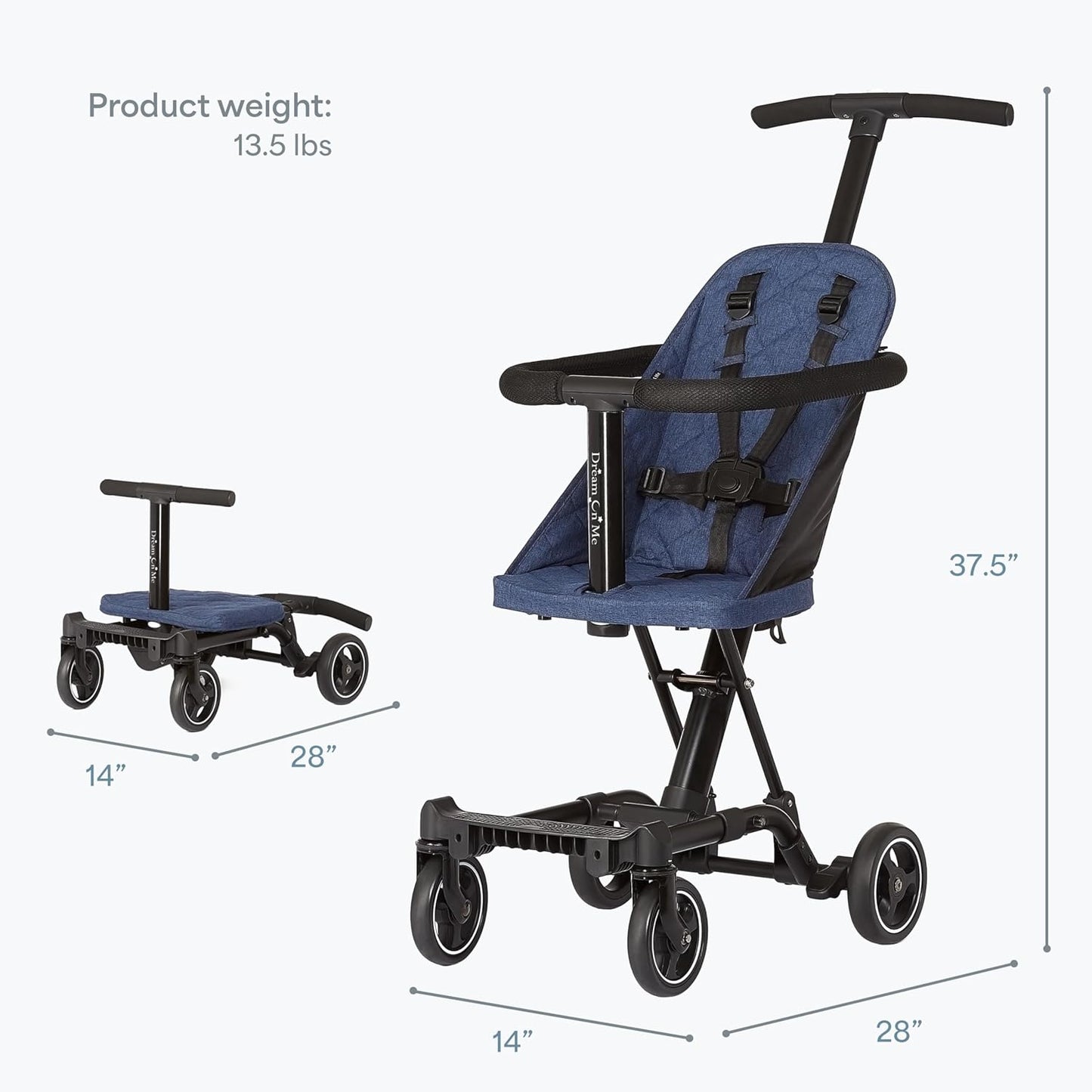 Dream On Me Coast Rider Travel Stroller, Lightweight & Compact Baby Stroller, Theme Park Approved, Book-Folding Design, Adjustable Handle, Soft-Ride Wheels, Converts to Rider & Scooter - Black