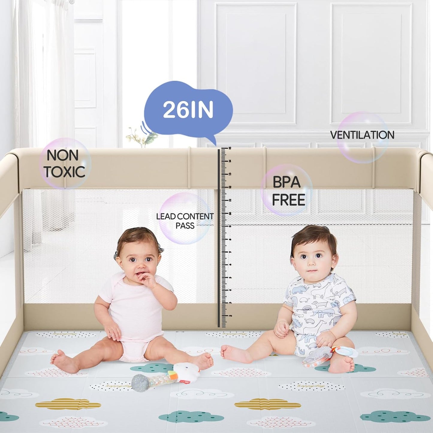 Fodoss Baby Playpen 50×50in, Small Play Pen for Babies and Toddlers, Playpen for Apartment, Play Yard, Activity Fence, Baby Playard with All-Side Mesh, Pull Rings