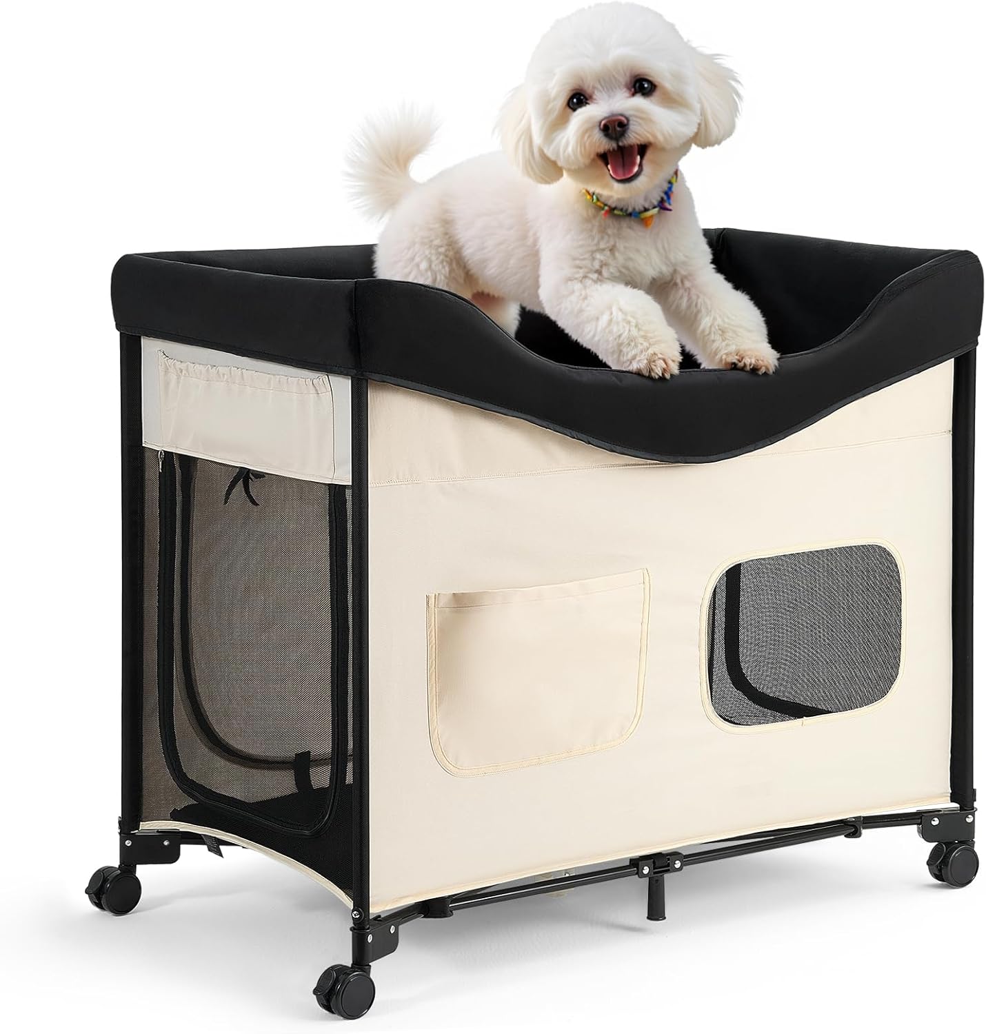 VEVOR Bedside Lounge Pet Bed, Foldable Bunk Dog Bed with 600D Oxford Cloth and Dutch Velvet, Portable Raised Cot with Wheels, Side Storage Bags, and Carry Bag for Cats & Dogs, L, Beige