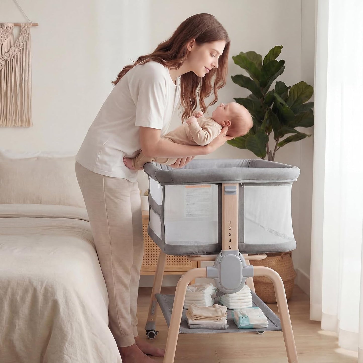 Cowiewie Bassinet Bedside Sleeper, Breathable Baby Bedside Bassinet and Mattress, Lightweight and Portable for Bedside Sleeping, Light Grey