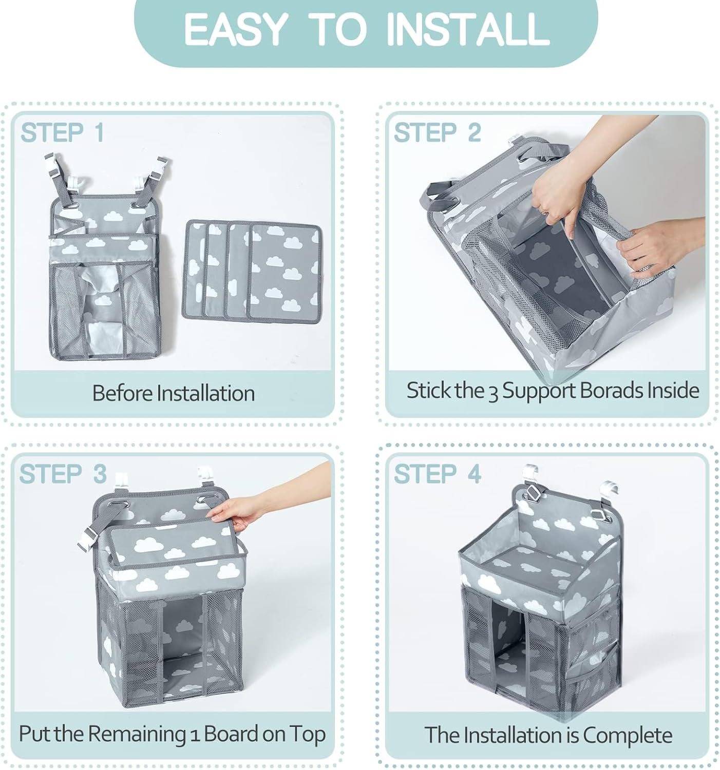Baby Diaper Caddy Organizer with Cloud Print, Multi-Compartment Nursery Storage Bag with Adjustable Straps, Portable Diaper Stacker for Stroller, Car, Travel, Nursery (Grey)