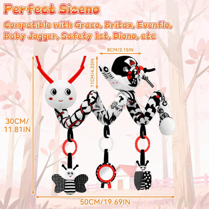 Car Seat Toys for Babies, 0-6 Months Stroller Activity Black White Baby Spiral Plush Toys Newborn High Contrast Sensory Carseat Toys with 4 Pendants Hanging Boys Girls Gift