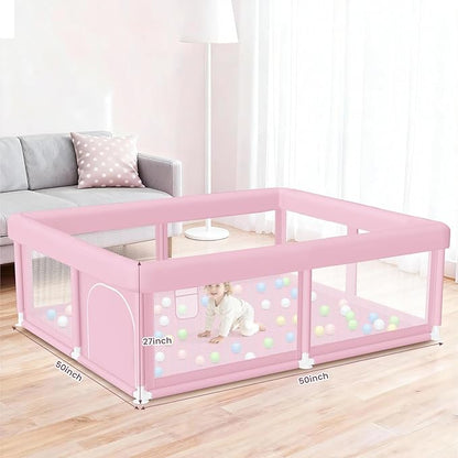 Hiaksedt Large Baby Playpen 50"x50" Baby Girl Play Pen for Babies and Toddlers, Safe Structure and Soft, Skin-Friendly Fabric with Zipper Gates Pink
