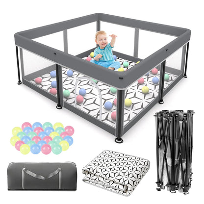 Foldable Baby Playpen with Mat - Portable,Spacious & Sturdy Playpen for Babies and Toddlers,Quick 1-Minute Setup,Travel-Friendly, Collapsible Play Pen for Indoor and Outdoor Use (Grey, 50x50 inches)
