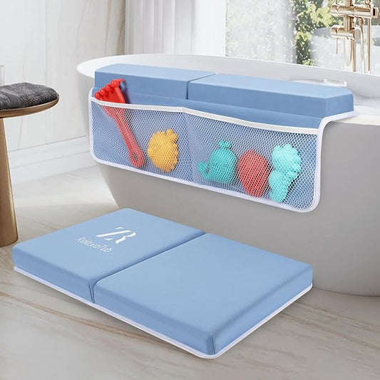 Bath Kneeler and Elbow Rest Pad Set - 2-Inch Thick Comfortable Baby Bath Kneeler Pads, Quick-Dry Non-Slip Bathtub Mat with Toy Organizer for Knee & Arm Support for Baby Bath Time