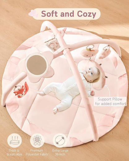 Fortella Baby Play Gym & Activity Mat, Machine Washable & Foldable Tummy Time Mat with 5 Detachable Toys, Certified Safe Newborn Essentials Gift for Baby Registry 0-12 Months (Rose Pink)