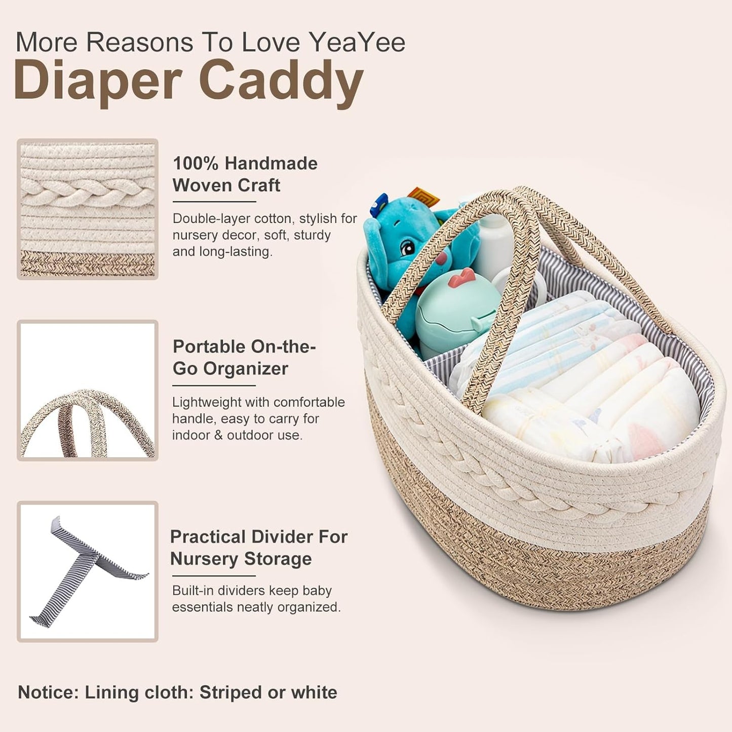 Baby Diaper Caddy Organizer, Portable Nursery Storage Basket with Changeable Compartments, 100% Cotton Woven Rope Baskets, Car & Changing Table Tote, Newborn Gift