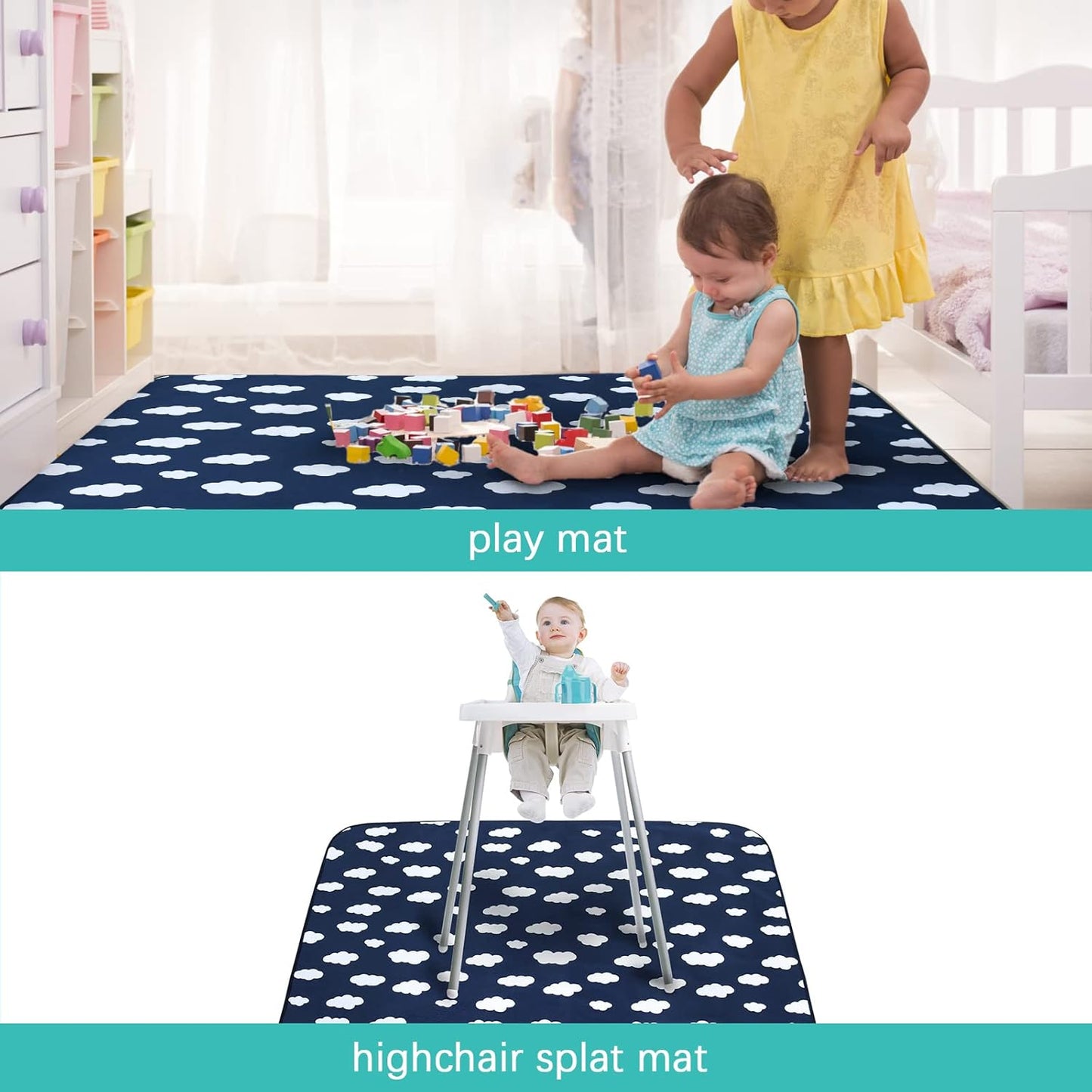 Splat Mat 2 Pack for Under High Chair & Arts & Crafts & Eating Mess, Waterproof 42''×46'' Baby Playtime Anti-Slip High Chair Mat for Floor or Table, Reusable & Portable Splash Mat