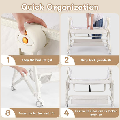 Baby Bassinet 5 in 1,Baby Bedside Bassinet with Diaper Changer, Mosquito Net, Mattress, Storage Layer, Can Be Stored in One Button Travel Crib (Beige)