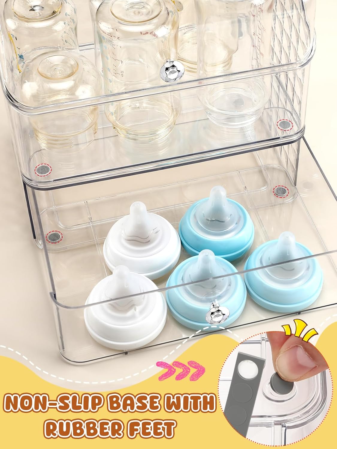 Flip-top Baby Bottle Organizer for 6 to 8 Bottles - Easy to Access, Space-Saving Clear Stackable Storage Drawers Baby Bottle Station for Kitchen Countertop Cabinet Nursery