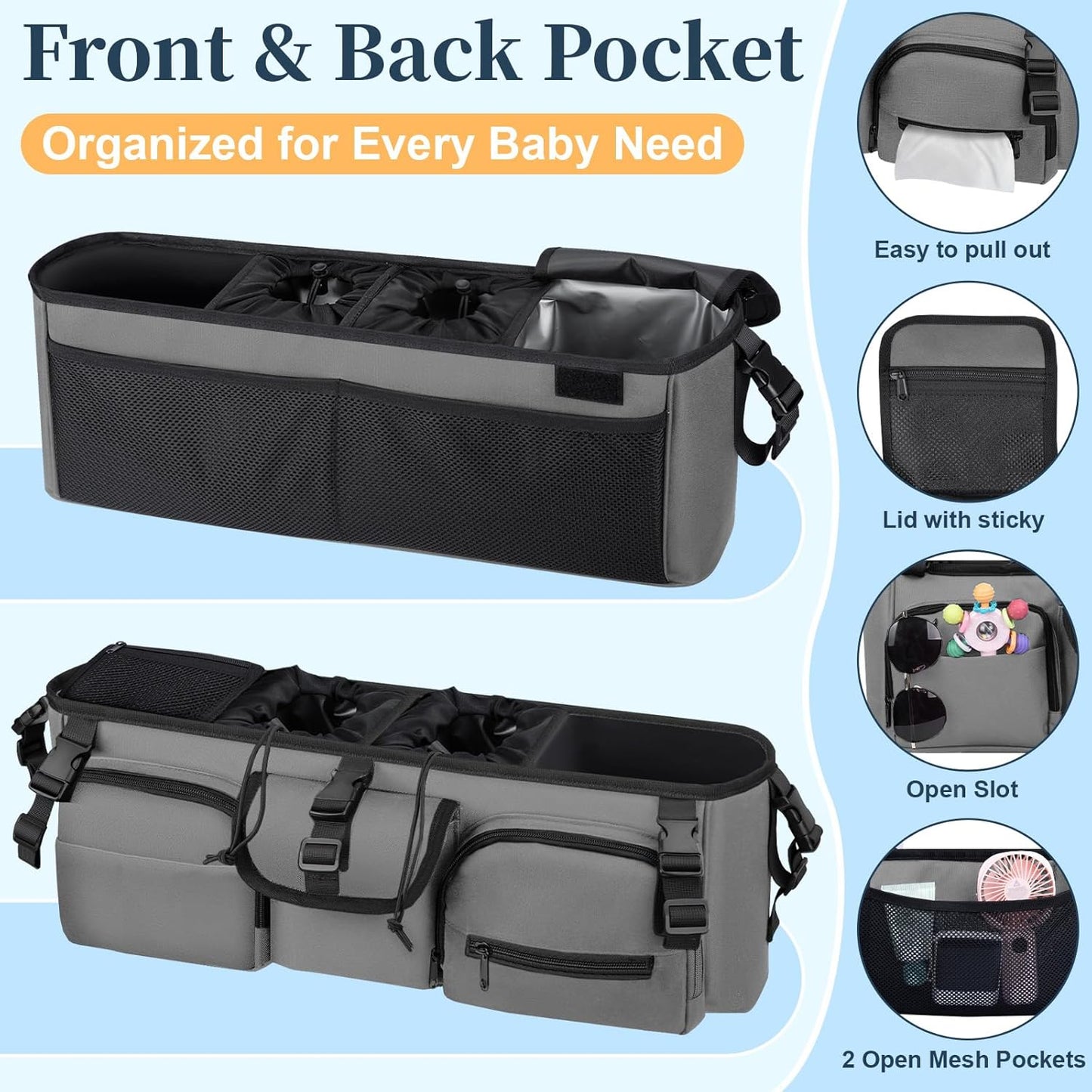 GDNasist Double Stroller Organizer Compatible with Bob Duallie and Baby Jogger City Mini GT2, Double Baby Stroller Accessories with Cooler Bag, Parent Console Double Jogging Stroller Caddy, Black