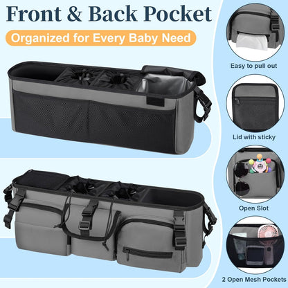 GDNasist Double Stroller Organizer Compatible with Bob Duallie and Baby Jogger City Mini GT2, Double Baby Stroller Accessories with Cooler Bag, Parent Console Double Jogging Stroller Caddy, Black