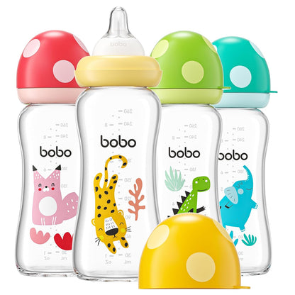 YOHKOH Natural Glass Baby Bottle with Level 1 Slow Flow Nipple, Newborn Anti-Colic Baby Bottles, Wide Neck Mushroom Baby Glass Bottle (Multicolour-A, 3.4oz (Pack of 4))
