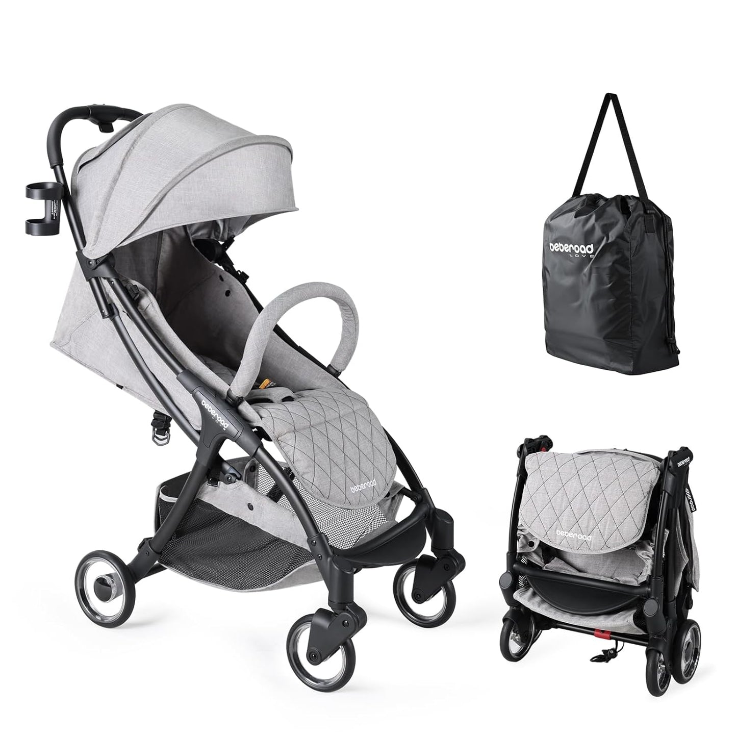 Beberoad Lightweight Baby Stroller for Airplane R2 Small Travel Stroller Compact Strollers Foldable, Infant Toddler Stroller with Adjustable Backrest, Cup Holder and Waterproof Canopy, Black
