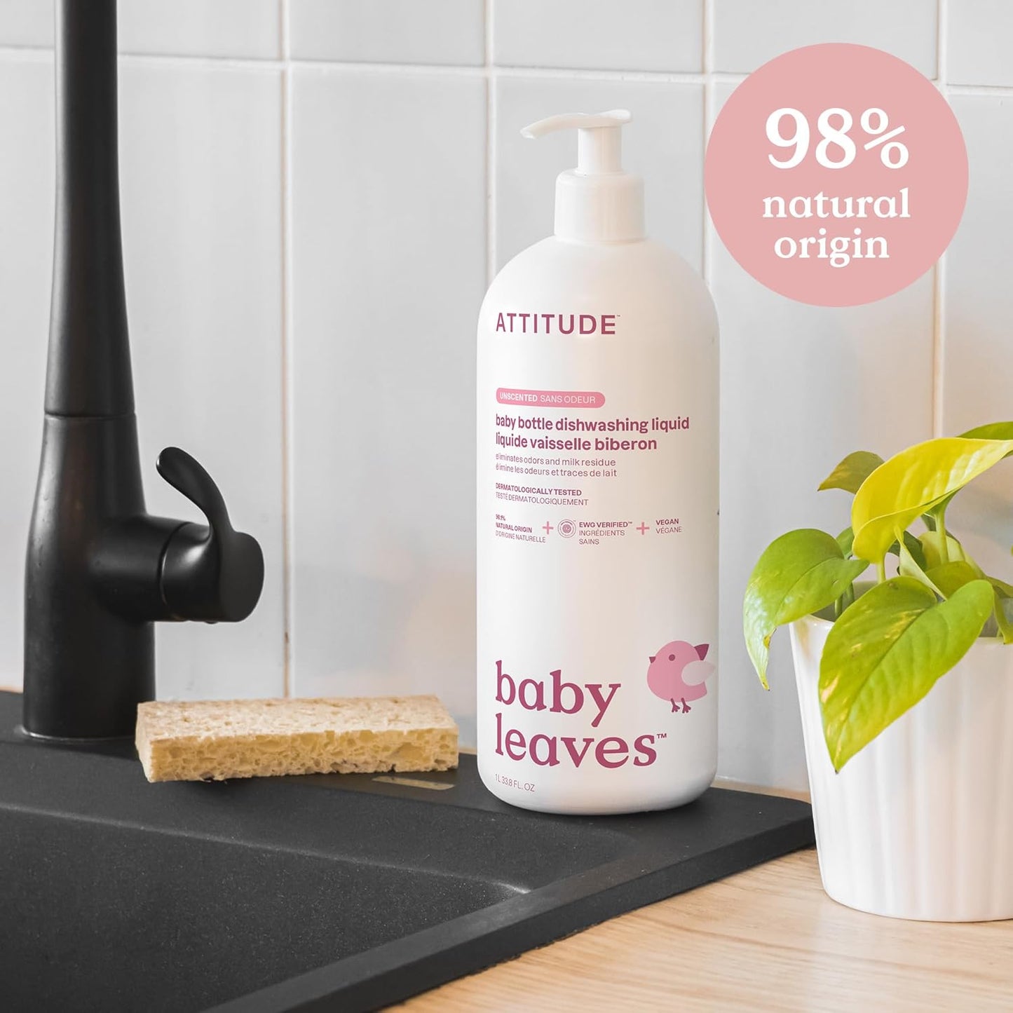 ATTITUDE Baby Bottle & Dish Soap, EWG Verified Bottle Cleaner, Fragrance Free & Dye Free, Removes Milk Residue & Grease, Vegan, Bulk Refill, Unscented, 67.6 Fl Oz
